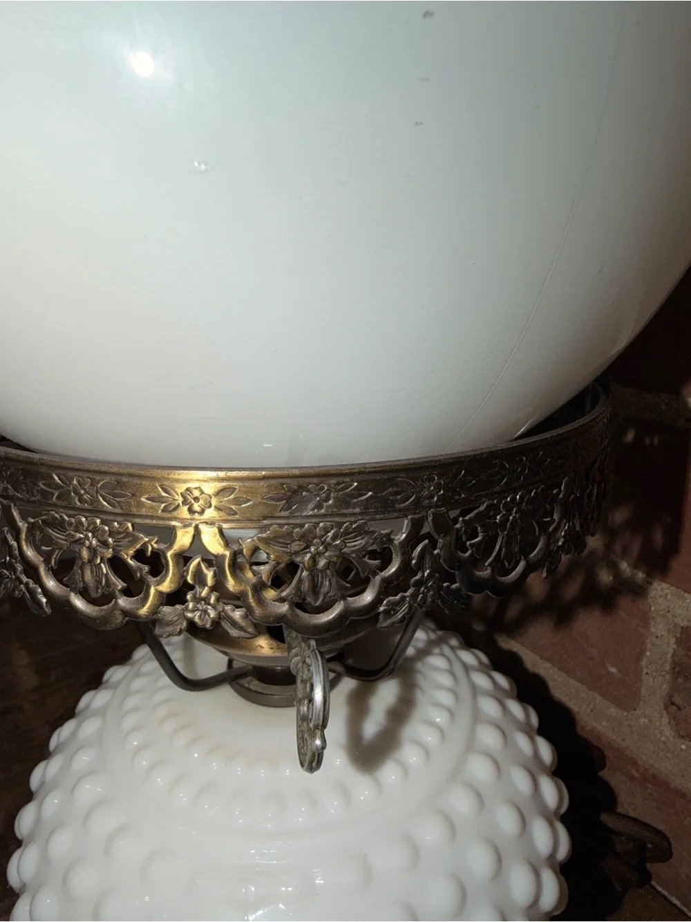 White Hobnail Milk Glass Table Lamp with Brass Accents